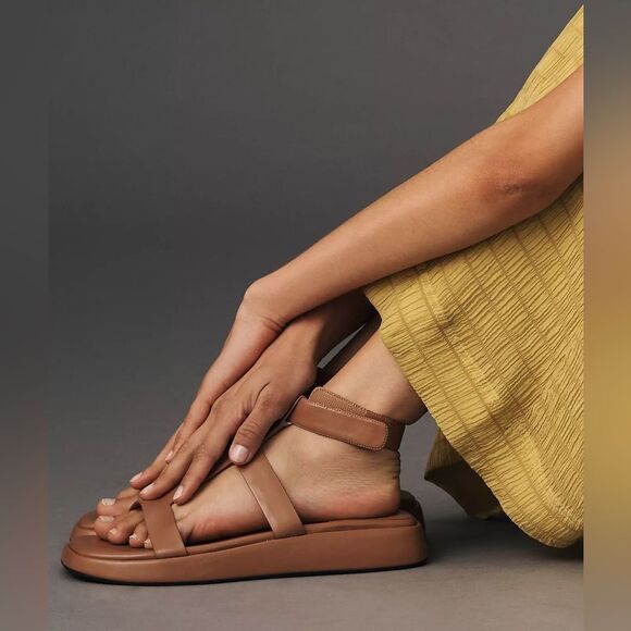 NWOB Jeffrey Campbell Devis Leather Platform Sandals in Dark Natural/Tan Size 9 - Picture 2 of 14